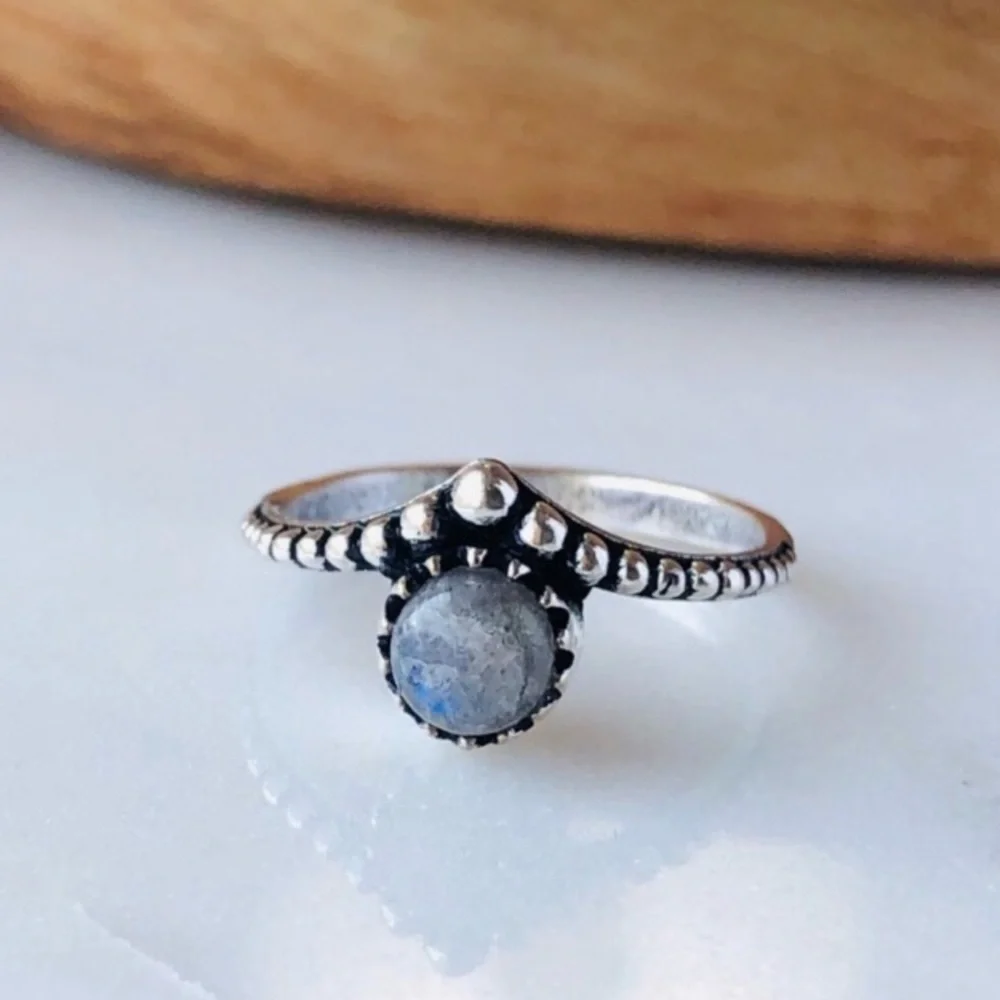 Silver Plated Dainty Blue Labradorite Boho Ring